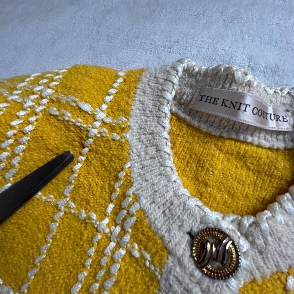 The Knit Couture Womens Yellow White Plaid Crop Cardigan Sweater Button-Front - Picture 4 of 10